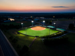 New Sports Lighting on Softball Diamond in Alabama at Night