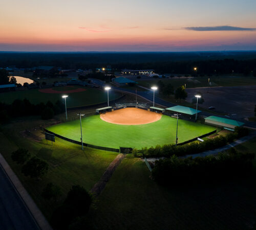 New Sports Lighting on Softball Diamond in Alabama at Night