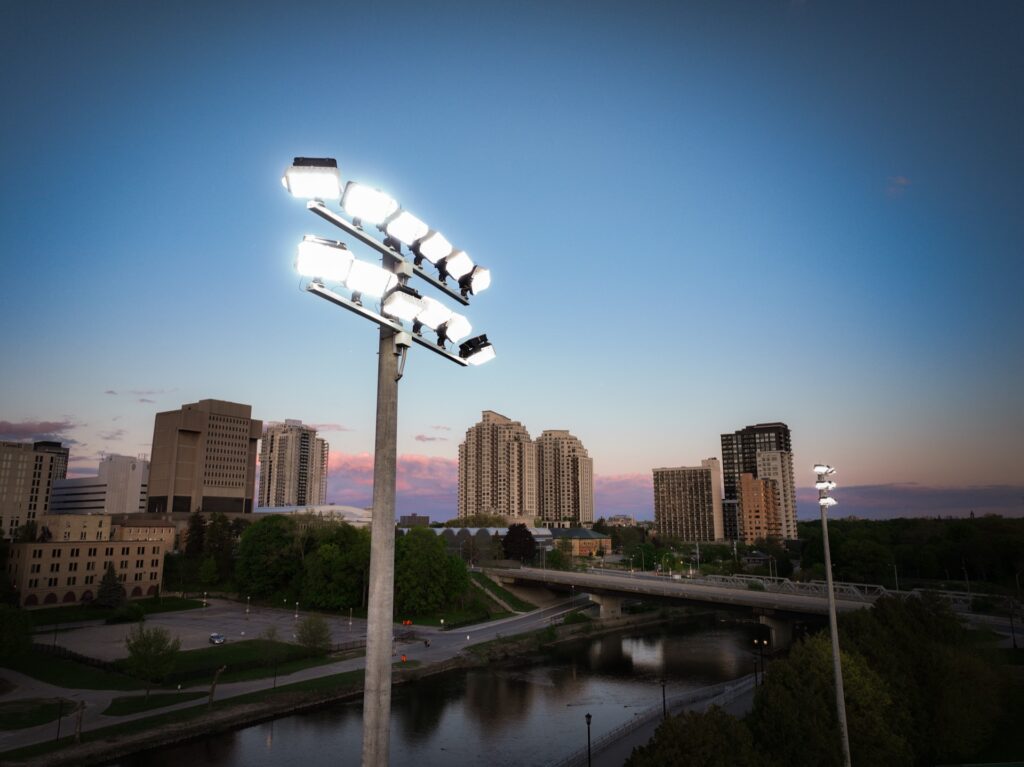 Multiple KSL1 STRATOS fixtures atop a spun concrete pole. This project is in Labatt Memorial Park in London, Ontario.
