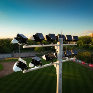 Multiple KSL1 STRATOS fixtures atop a spun concrete pole. This project is in Labatt Memorial Park in London, Ontario.